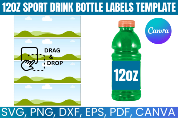 12oz Sport Drink Bottle Labels Template: Canva Graphics