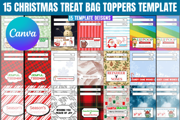 15 Christmas Treat Bag Toppers Template: Canva Graphics