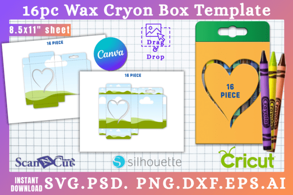 16pc Wax Crayon Box with Heart Cut out Graphics for Canva