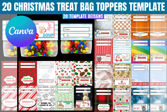 20 Christmas Treat Bag Toppers Template: Graphics for Canva