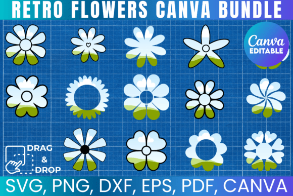20 Retro Flowers Bundle Template: Graphics for Canva & Crafting