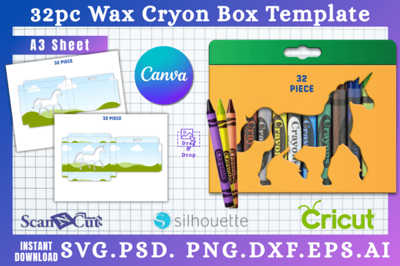 32pc Unicorn Cut out Crayon Box Template: Graphics for Canva & Creative Projects
