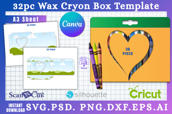 32pc Wax Crayon Box with Heart Cut out Graphics for Canva