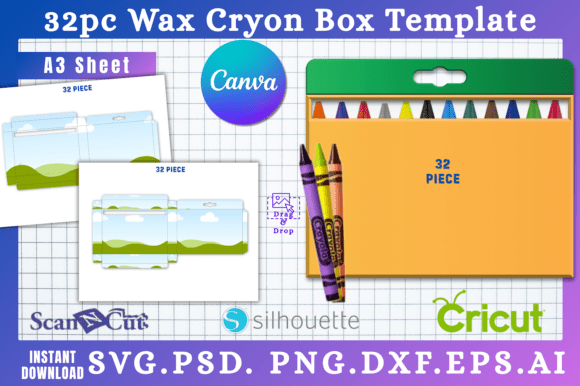 32pc Window Cut Out Crayon Box Template: Canva Graphics