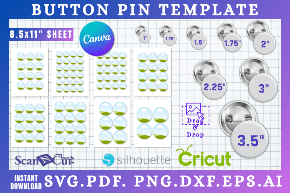 8pc Button Pin Template Bundle: Canva Graphics